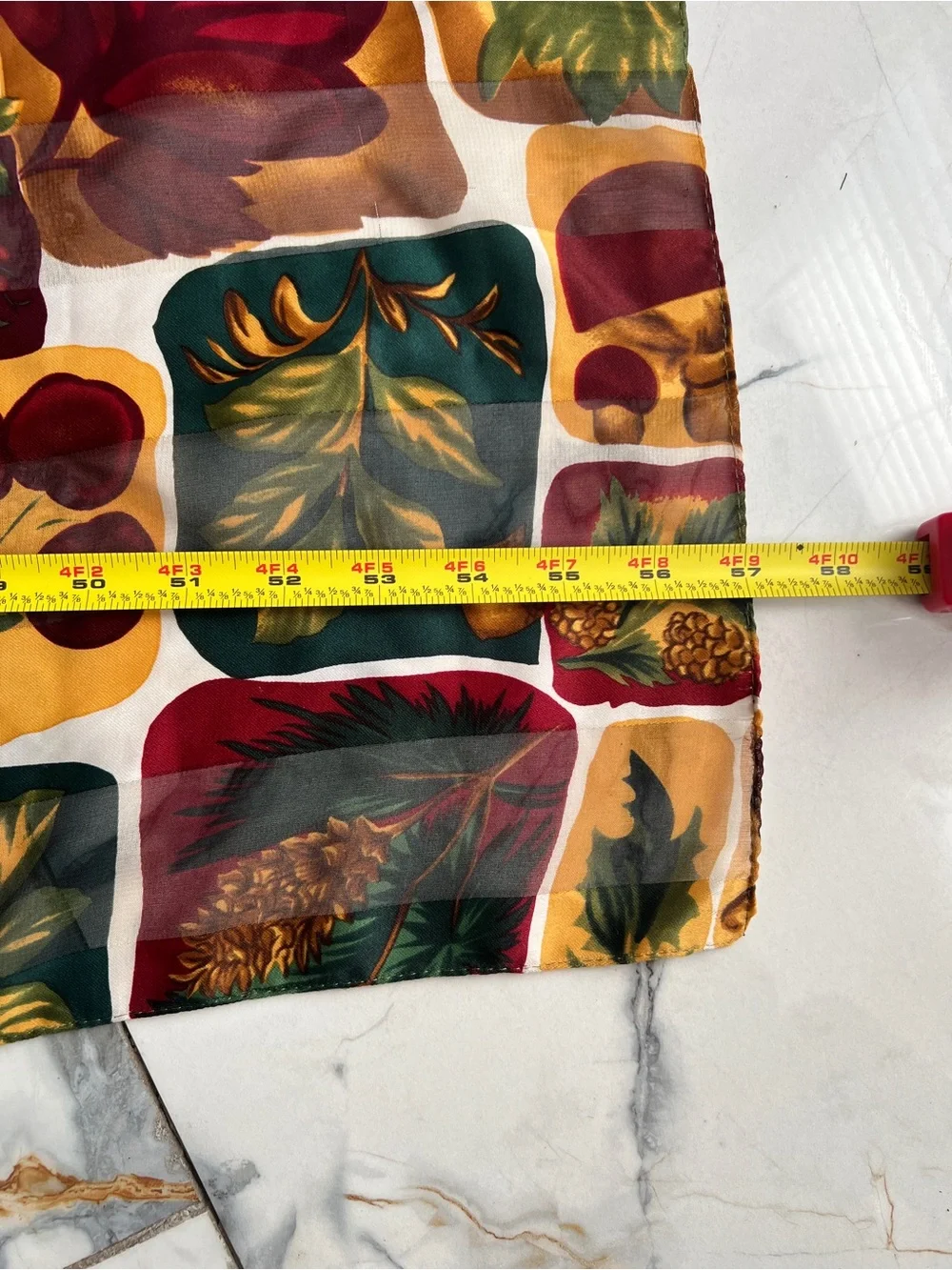 Autumn Fall Leaves Themed Sheer Scarf in Red, Green & Gold with Mushrooms